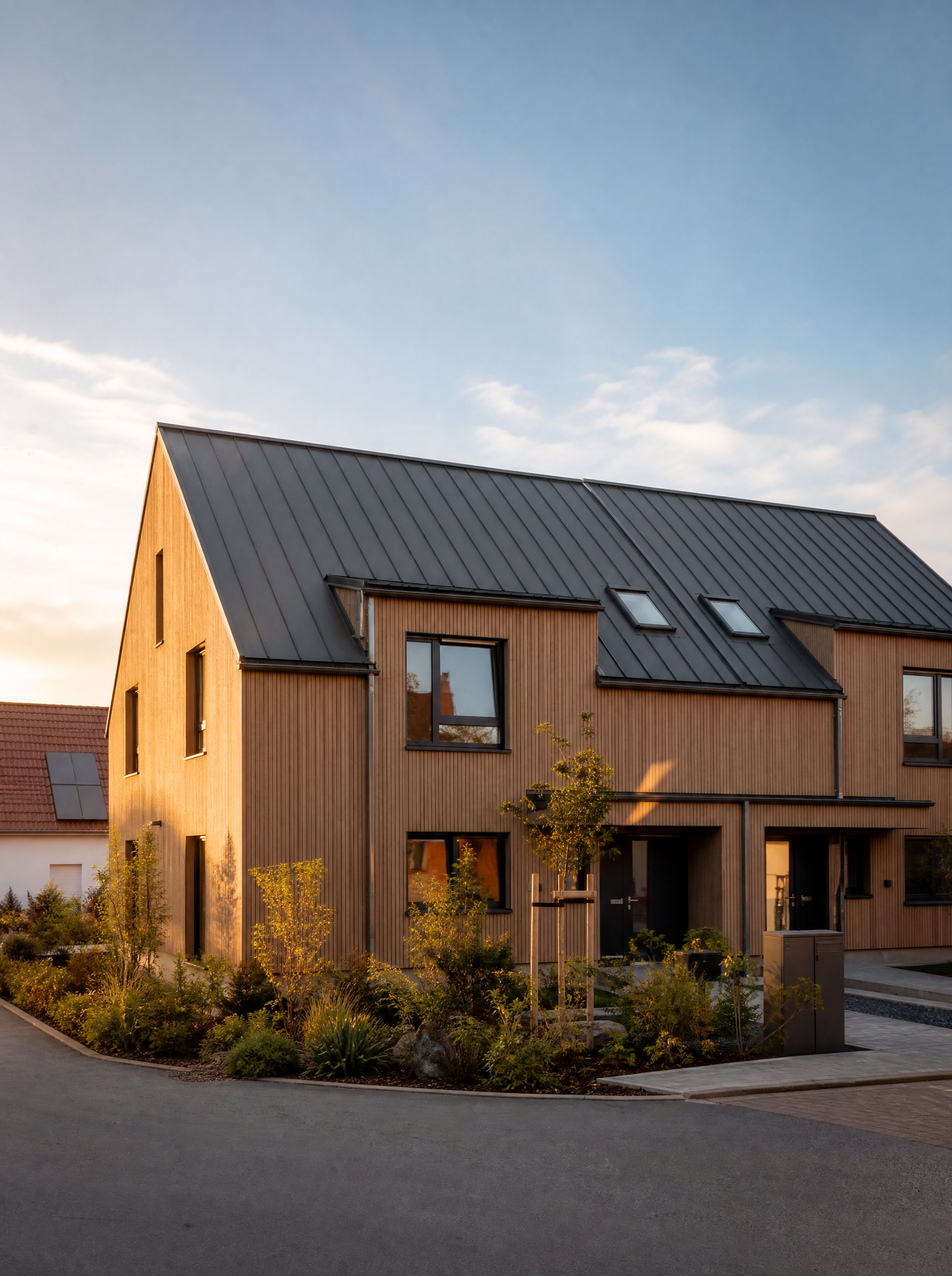 Modernes Einfamilienhaus mit Holzfassade und Garten in der Abendsonne