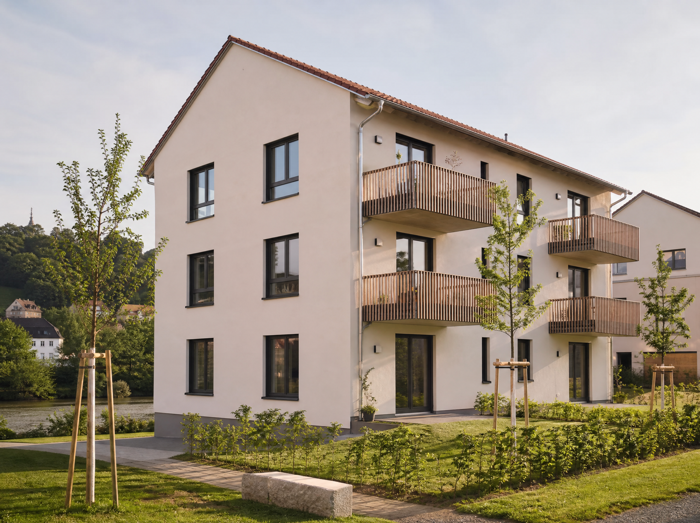 Mehrfamilienhaus mit sechs Wohneinheiten und heller Putzfassade
