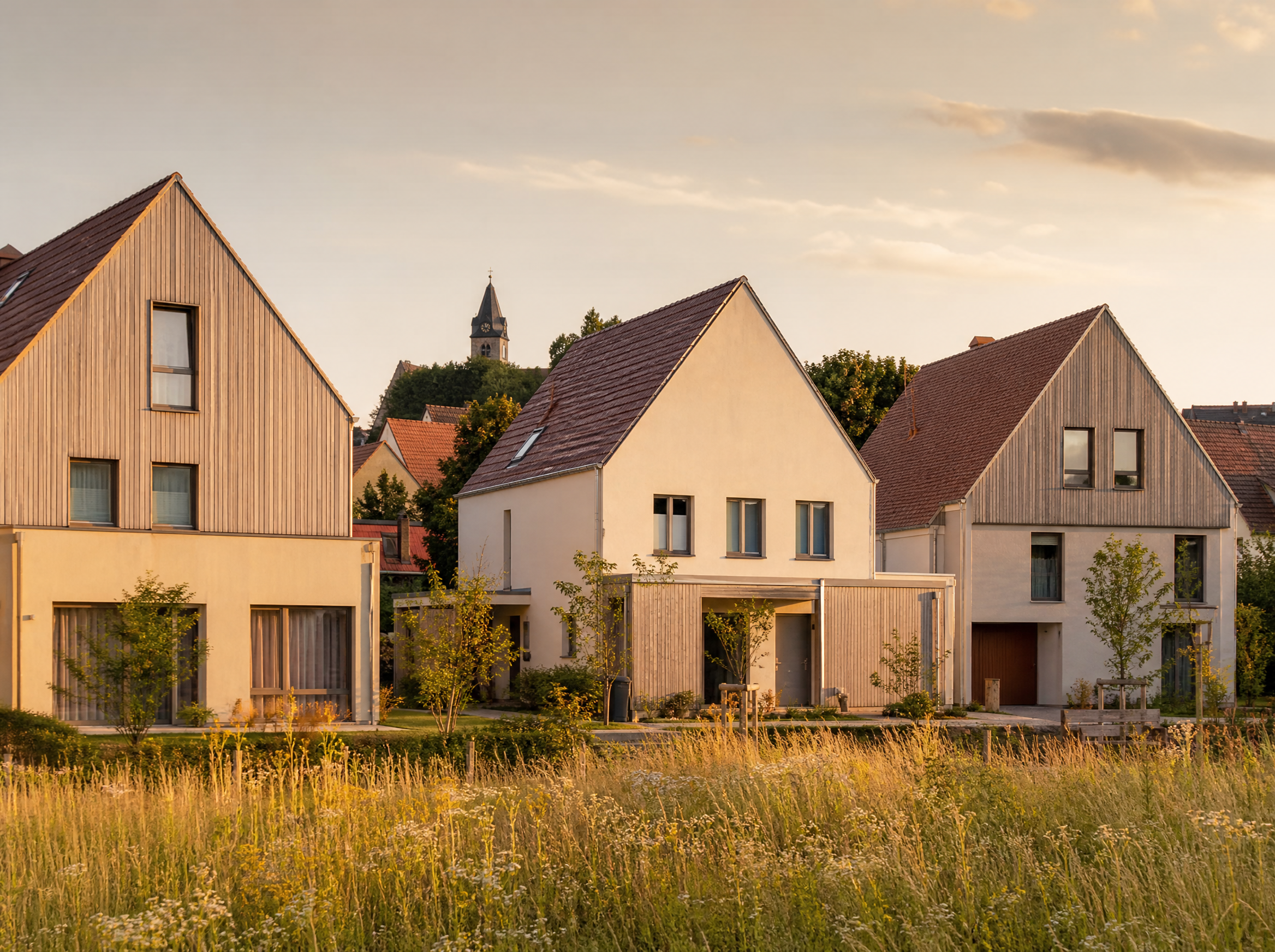 Neubau-Wohnquartier der DRAFT GmbH in abendlichem Licht, umgeben von Wiesen